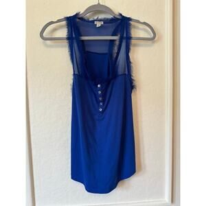 Guess Royal Blue Sheer Mesh Trim Tank Top Size M Button Front Sleeveless Blouse